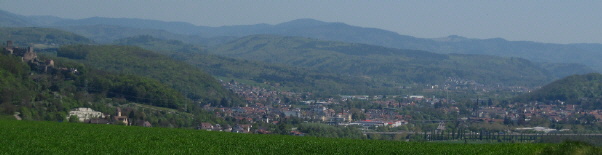 Blick von der Daurhtte am Tllinger Berg nach Osten ber Lrrach und Burg Rtteln (links) am 28.4.2010